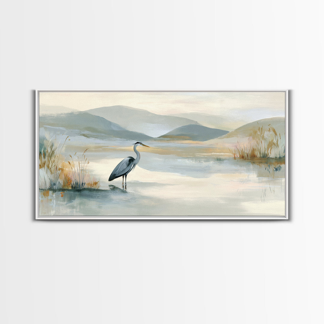 Blue Heron Standing Framed Canvas Print, Medical Office Art, Art Print, Office Decor, Calm, Printable Art, Minimalist Art, MOA-2x1-34