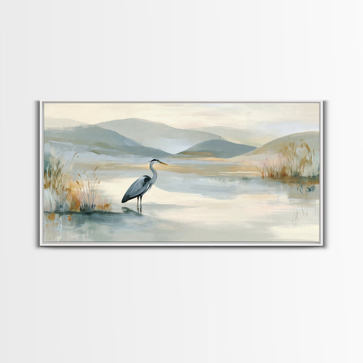 Blue Heron Standing Framed Canvas Print, Medical Office Art, Art Print, Office Decor, Calm, Printable Art, Minimalist Art, MOA-2x1-34