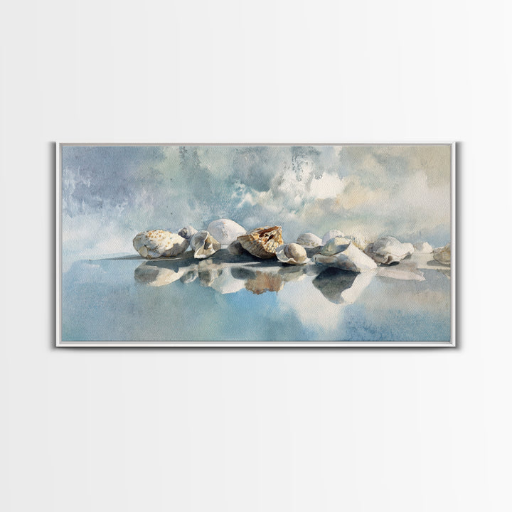 Coastal Shells and Water Study Framed Canvas Print, Medical Office Art, Home Decor, Office Decor, Fine Art, Calm, Medical Art, MOA-2x1-40