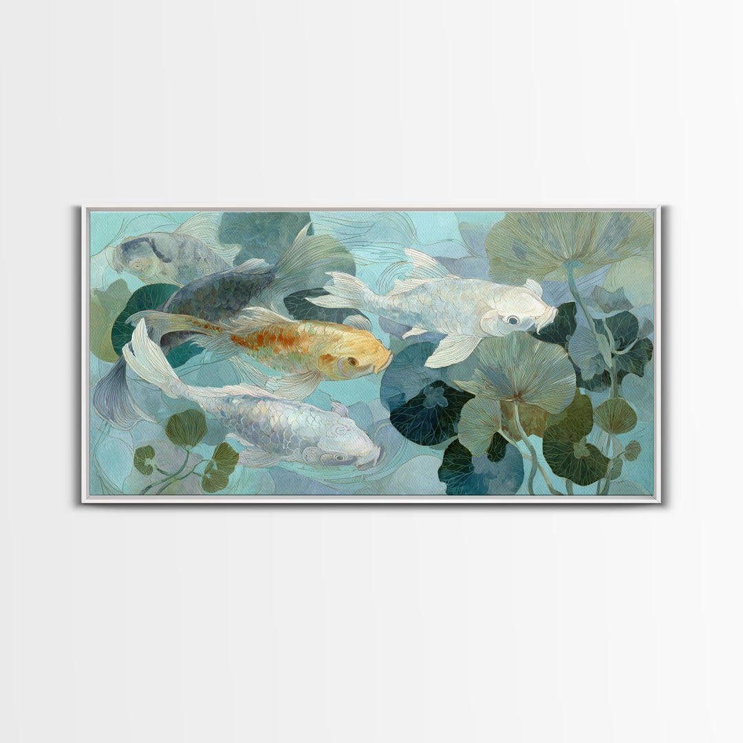 Calm Koi Fish Swimming Through Clear Water Framed Canvas Print, Medical Office Art, Statement Artwork, Office Decor, Calm, MOA-2x1-42