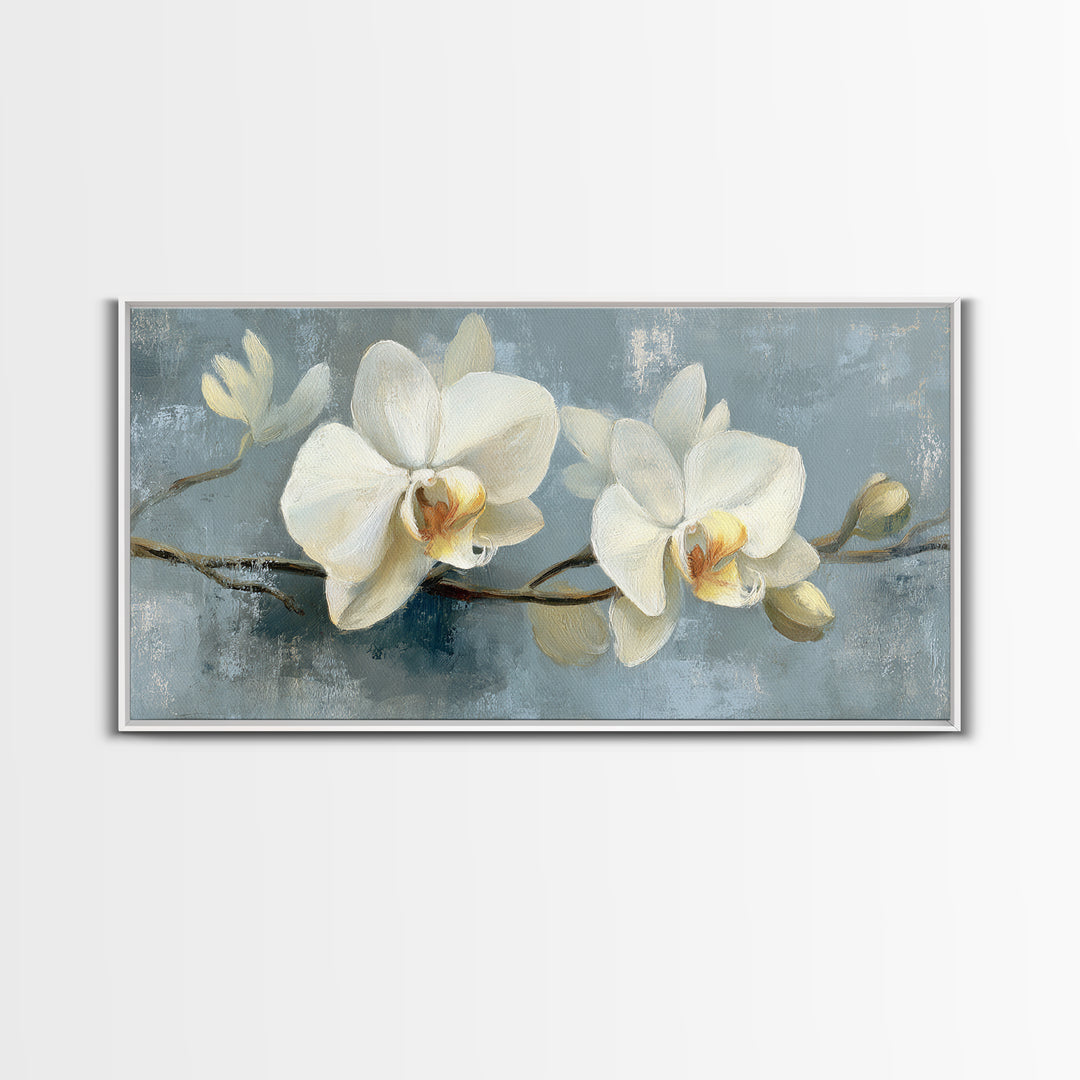 White Orchid on Gray Stone Surface Framed Canvas Print, Medical Office Art, Minimalist Decor, Office Decor, Fine Art, Calm, MOA-2x1-50