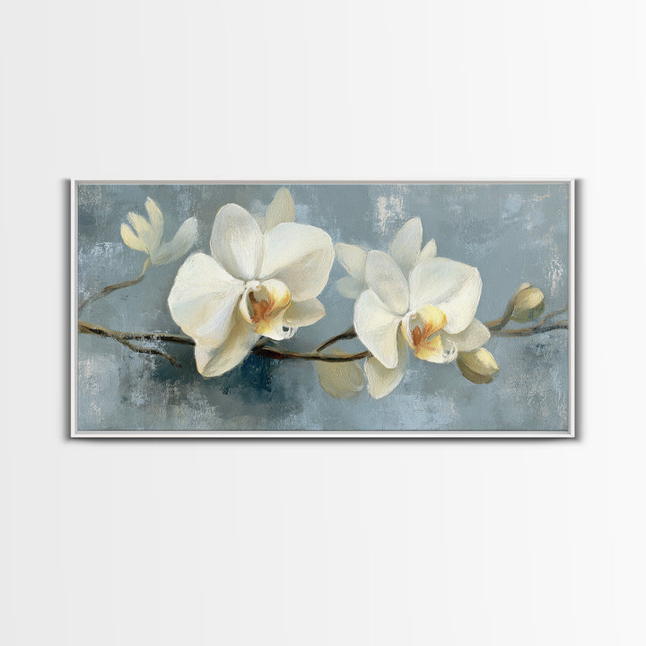 White Orchid on Gray Stone Surface Framed Canvas Print, Medical Office Art, Minimalist Decor, Office Decor, Fine Art, Calm, MOA-2x1-50
