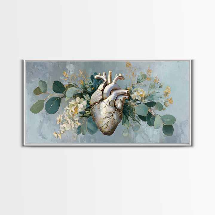 Anatomical Heart Rendered as Tasteful Botanical Art Canvas Print, Medical Office Art, Digital Art, Office Decor, Watercolor Art, MOA-2x1-57