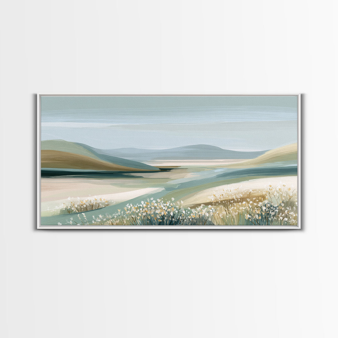 Sunlit Meadow with Wildflowers and Calm Mood Framed Canvas Print, Medical Office Art, Luxury Decor, Office Decor, MOA-2x1-8