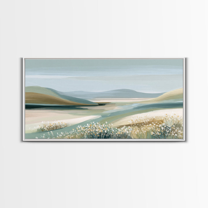 Sunlit Meadow with Wildflowers and Calm Mood Framed Canvas Print, Medical Office Art, Luxury Decor, Office Decor, MOA-2x1-8