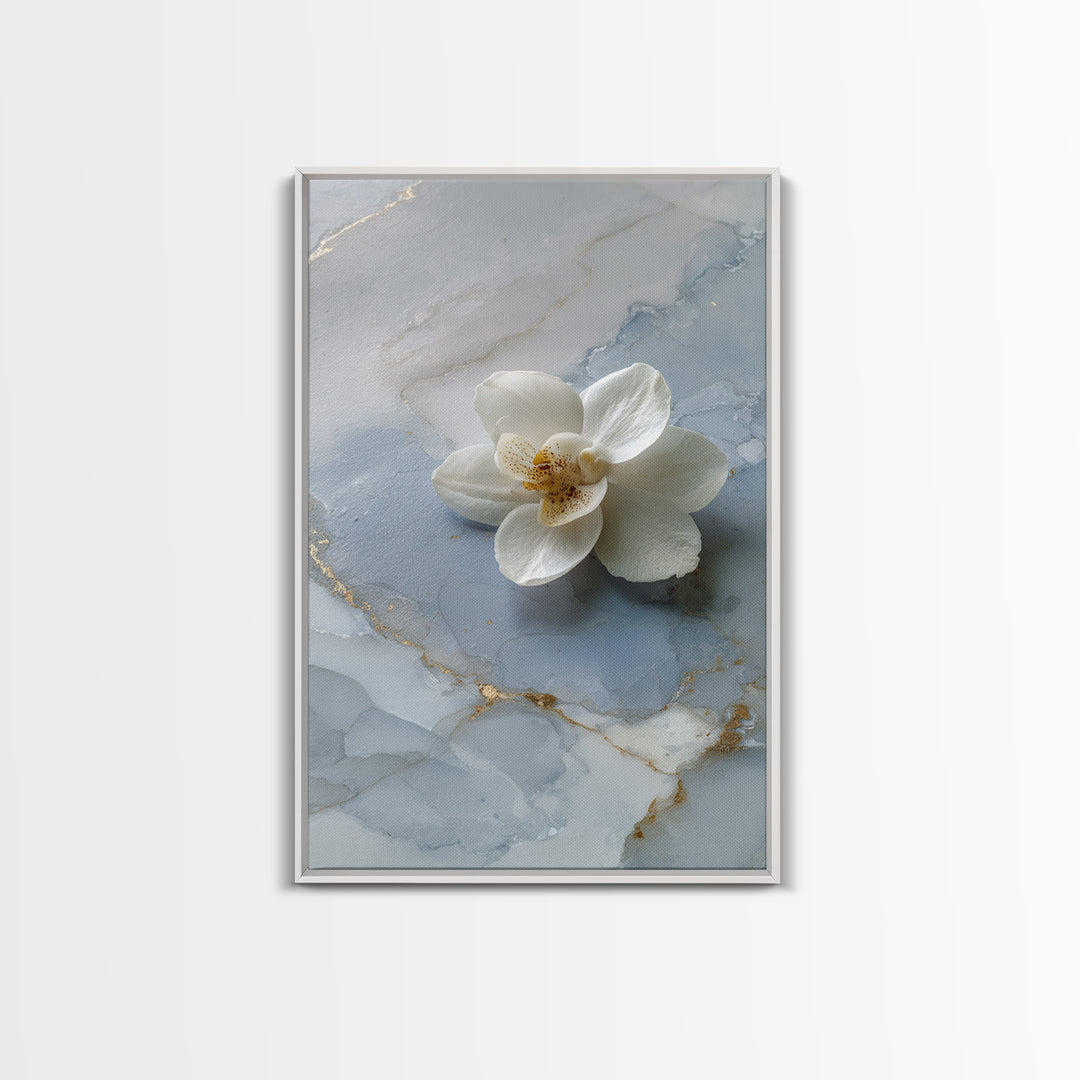 White Orchid on Gray Stone Surface Framed Canvas Print, Medical Office Art, Wall Art, Office Decor, Calm, Printable Card, MOA-2x3-38