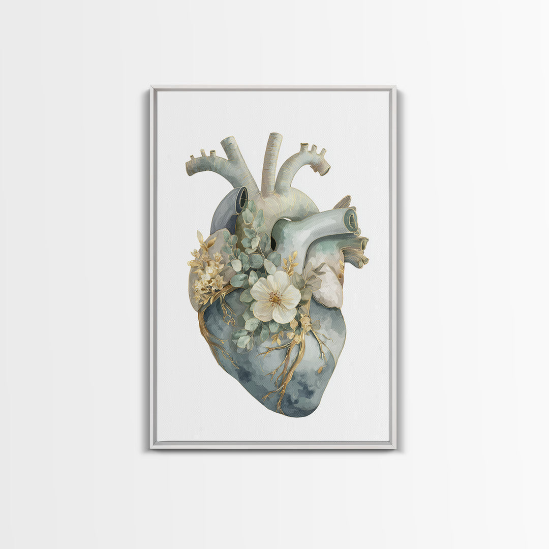 Anatomical Heart Rendered as Tasteful Botanical Art Canvas Print, Medical Office Art, Office Decor, Oil Painting, Calm, MOA-2x3-45