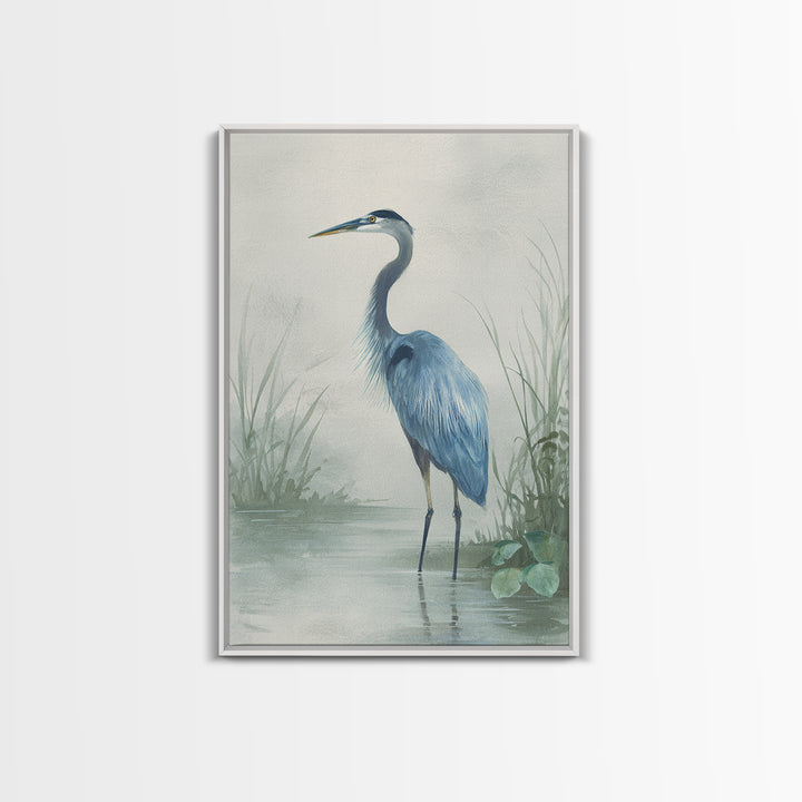 Blue Heron Standing Framed Canvas Print, Medical Office Art, Textured Painting, Office Decor, Fine Art, Calm, Minimalist Art, MOA-2x3-46