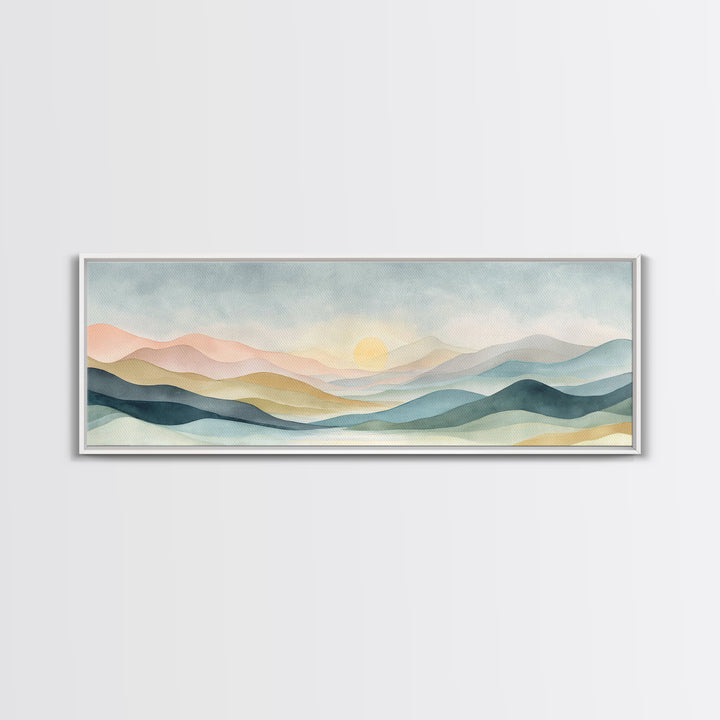 Minimal Sunrise over Rounded Hills Framed Canvas Print, Medical Office Art, Science Art, Office Decor, Fine Art, Calm, MOA-3x1-15