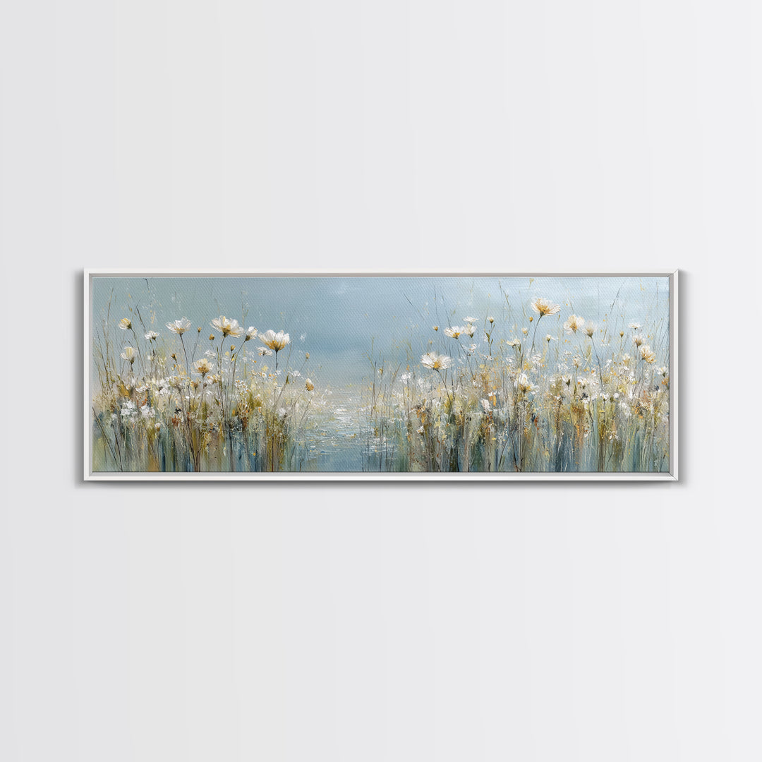 Sunlit Meadow with Wildflowers and Calm Mood Framed Canvas Print, Medical Office Art, Science Art, Office Decor, Watercolor Art, MOA-3x1-28