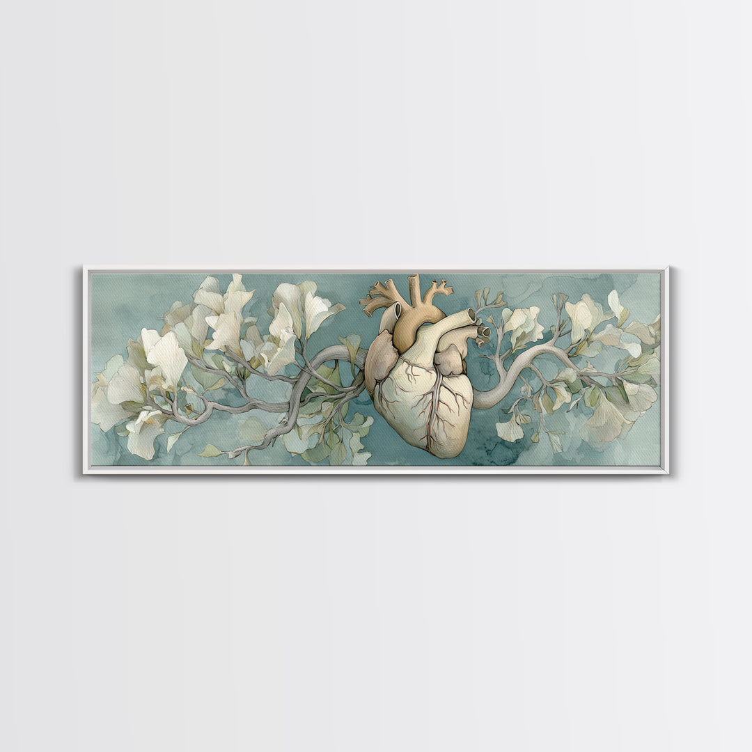 Anatomical Heart Rendered as Tasteful Botanical Art Canvas Print, Medical Office Art, Minimalist Art, Office Decor, Calm, MOA-3x1-5