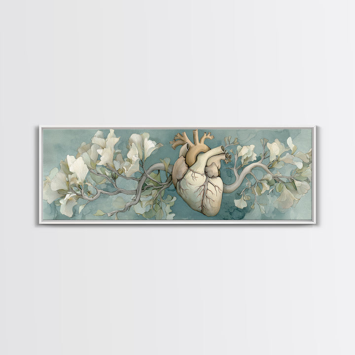 Anatomical Heart Rendered as Tasteful Botanical Art Canvas Print, Medical Office Art, Minimalist Art, Office Decor, Calm, MOA-3x1-5