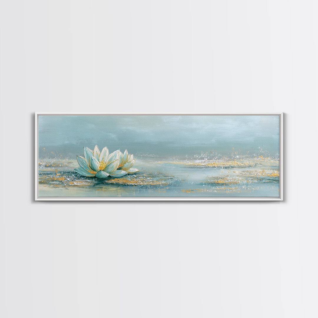 Lotus Flower Floating on Still Water Framed Canvas Print, Medical Office Art, Office Decor, Oil Painting, Calm, MOA-3x1-51