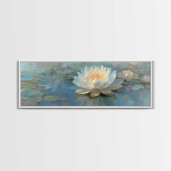 Lotus Flower Floating on Still Water Canvas Print, Medical Office Art, Teal Wall Art, Office Decor, Watercolor Art, Calm, MOA-3x1-75
