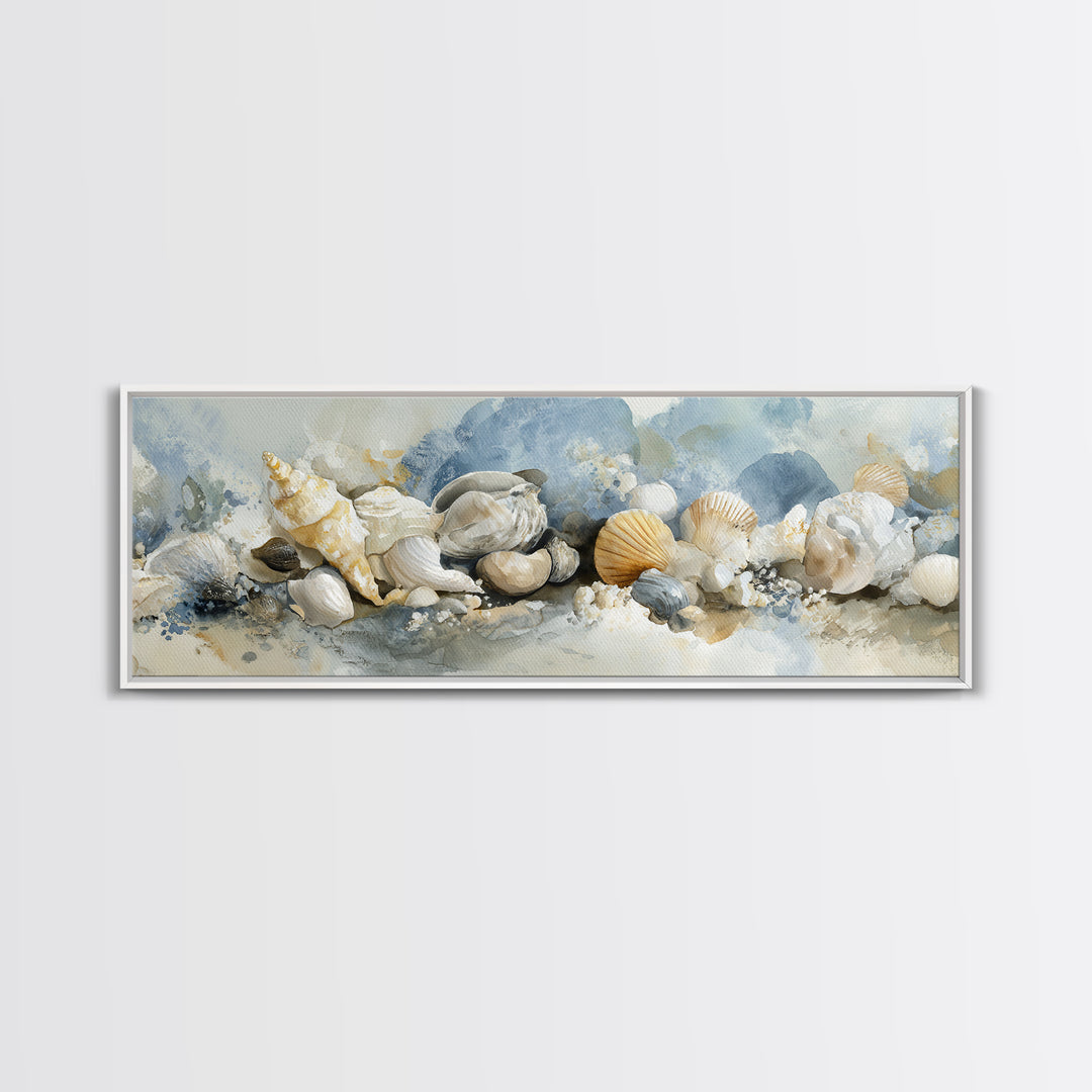 Coastal Shells and Water Study Framed Canvas Print, Medical Office Art, Digital Art, Office Decor, Calm, Medical Decor, MOA-3x1-84