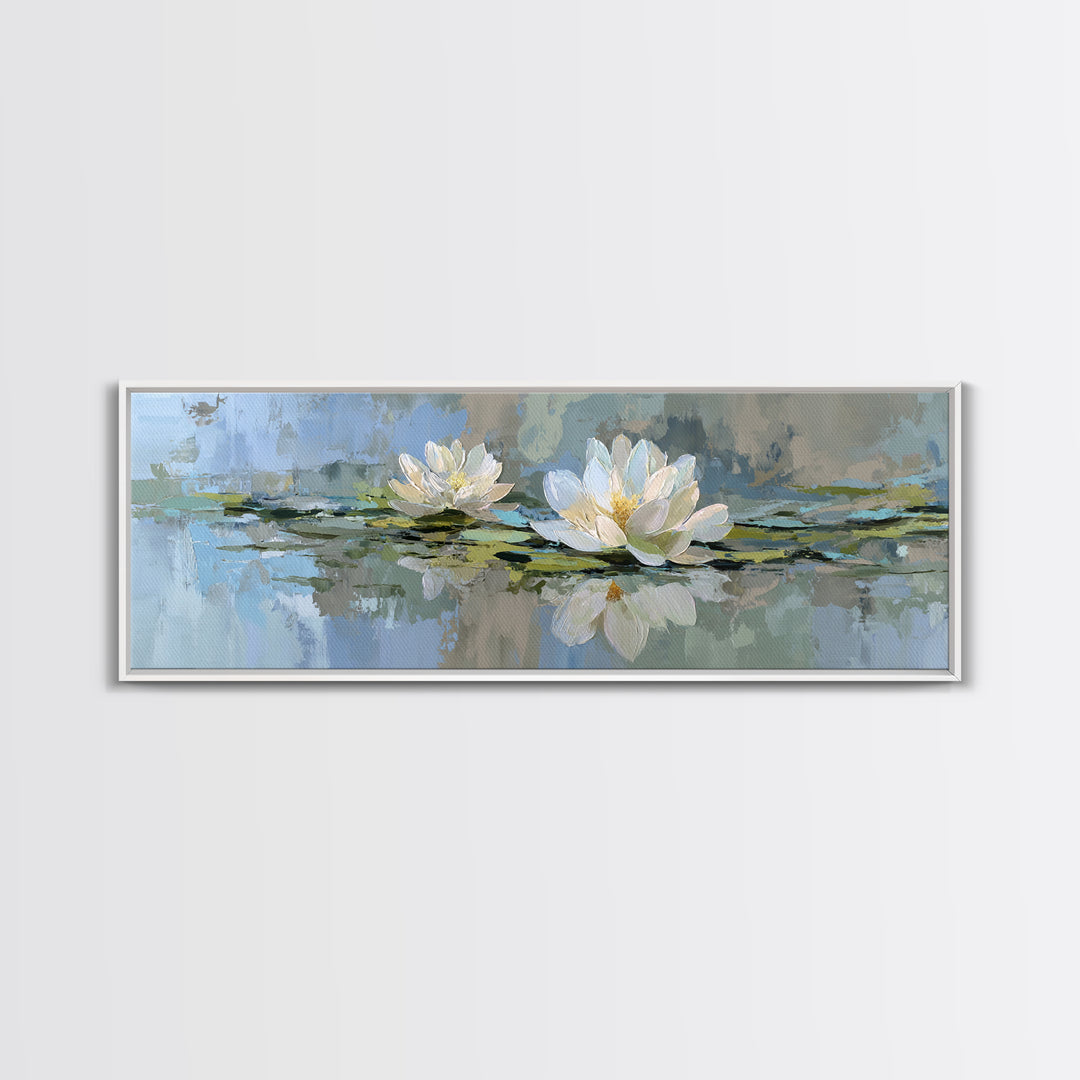 Lotus Flower Floating on Still Water Framed Canvas Print, Medical Office Art, Office Decor, Oil Painting, Calm, MOA-3x1-99