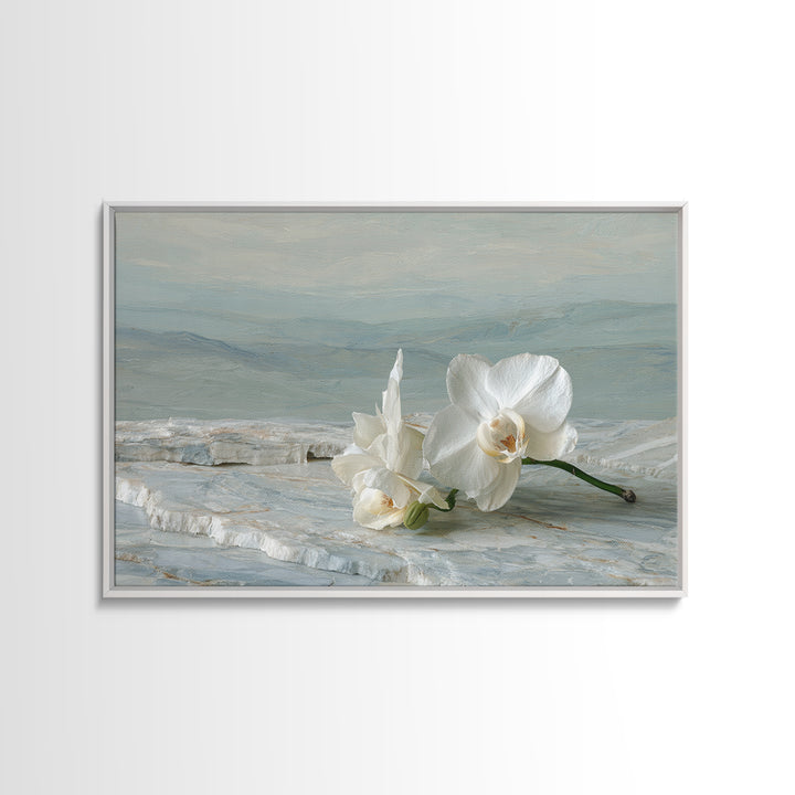 White Orchid on Gray Stone Surface Framed Canvas Print, Medical Office Art, Animal Art, Office Decor, Fine Art, Calm, MOA-3x2-10