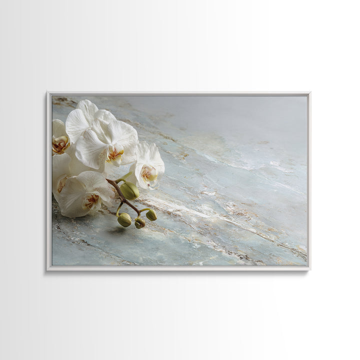 White Orchid on Gray Stone Surface Framed Canvas Print, Medical Office Art, Brain Art, Office Decor, Oil Painting, Calm, MOA-3x2-82