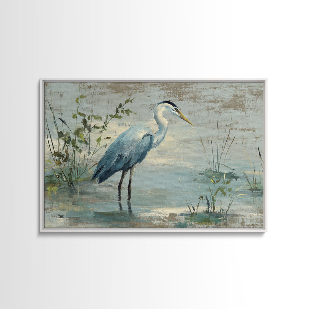 Blue Heron Standing Framed Canvas Print, Medical Office Art, Medical Wall Art, Office Decor, Fine Art, Calm, Neutral Decor, MOA-3x2-90