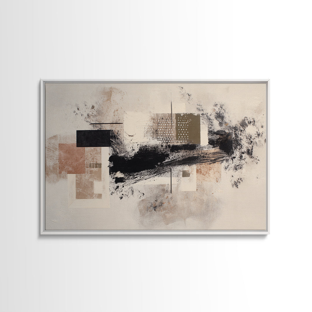 Dynamic Black Brush Marks on Neutral Ground Framed Canvas Print, Modern Art, Fine Art Print, Living Room Decor, Modern, MOD-3x2-87
