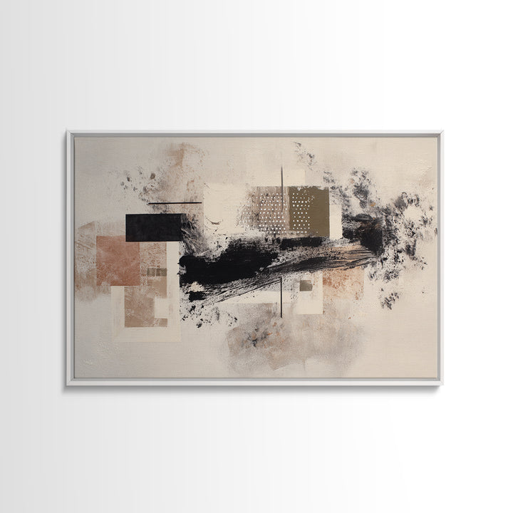 Dynamic Black Brush Marks on Neutral Ground Framed Canvas Print, Modern Art, Fine Art Print, Living Room Decor, Modern, MOD-3x2-87