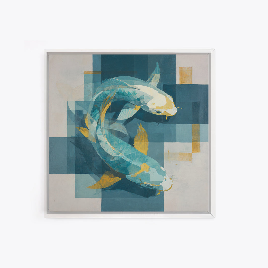Teal Koi Fish on Tonal Water Framed Canvas Print, Monochrome Art, Gallery Decor, Living Room Decor, Fine Art, Mono, MON-1x1-41
