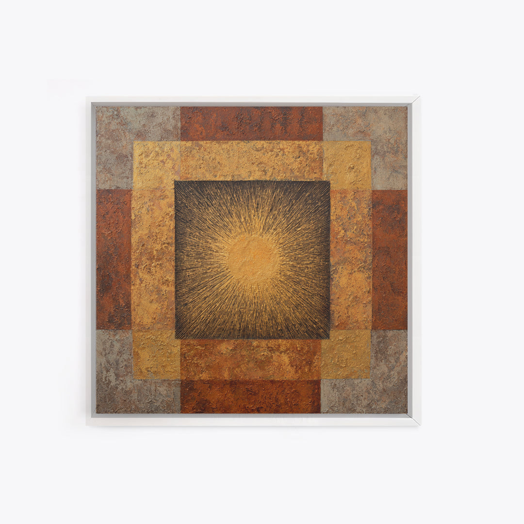 Gold Tonal Sunburst Medallion Framed Canvas Print, Monochrome Art, Wallpaper Mural, Living Room Decor, Fine Art, Mono, MON-1x1-62