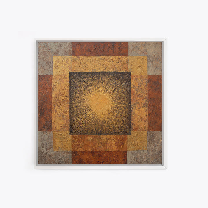 Gold Tonal Sunburst Medallion Framed Canvas Print, Monochrome Art, Wallpaper Mural, Living Room Decor, Fine Art, Mono, MON-1x1-62
