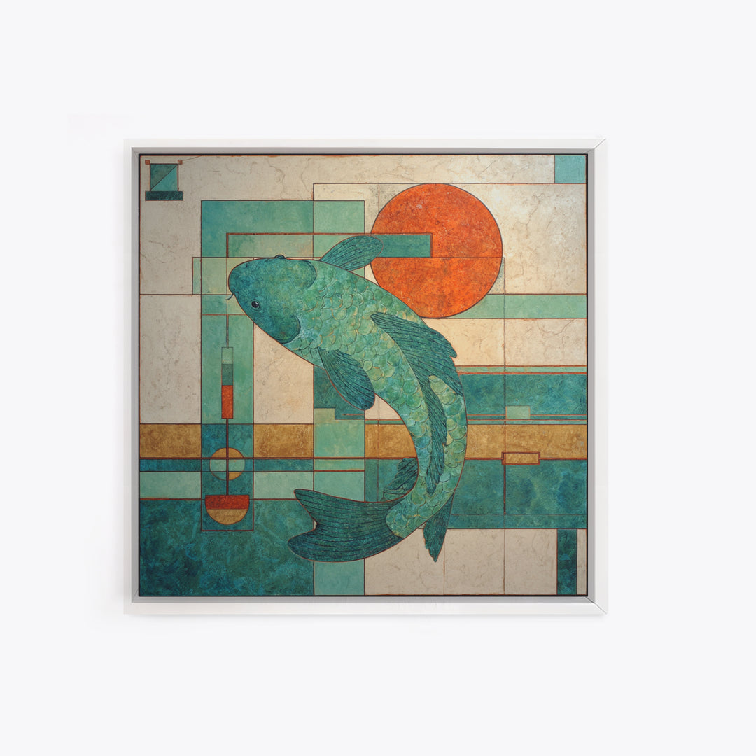Teal Koi Fish on Tonal Water Framed Canvas Print, Monochrome Art, Gallery Decor, Living Room Decor, Fine Art, Mono, MON-1x1-65