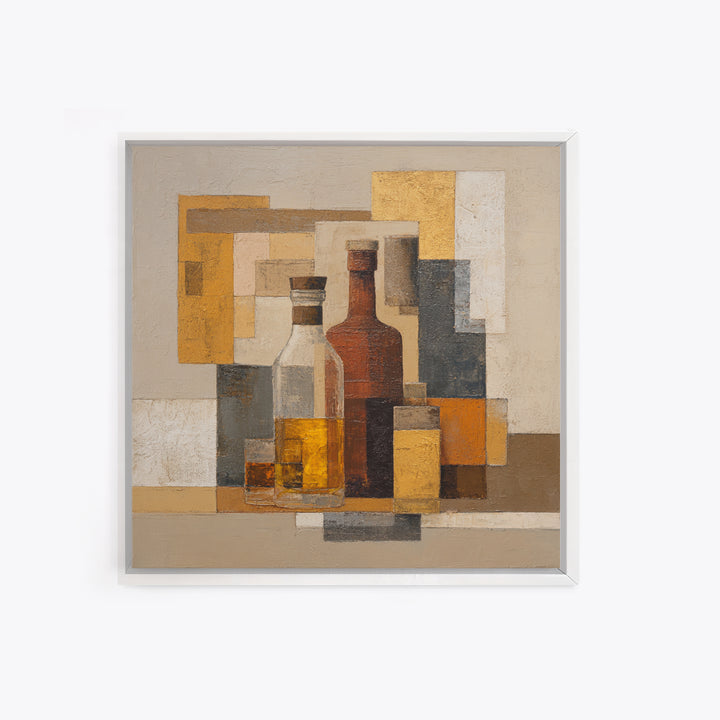Brown Leather and Whiskey Still Life Framed Canvas Print, Monochrome Art, Abstract Painting, Living Room Decor, Fine Art, Mono, MON-1x1-71