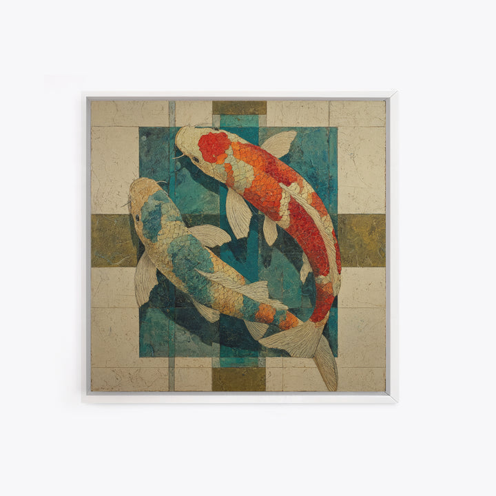 Teal Koi Fish on Tonal Water Canvas Print, Monochrome Art, Boho Decor, Living Room Decor, Fine Art, Mono, Digital Art, MON-1x1-89