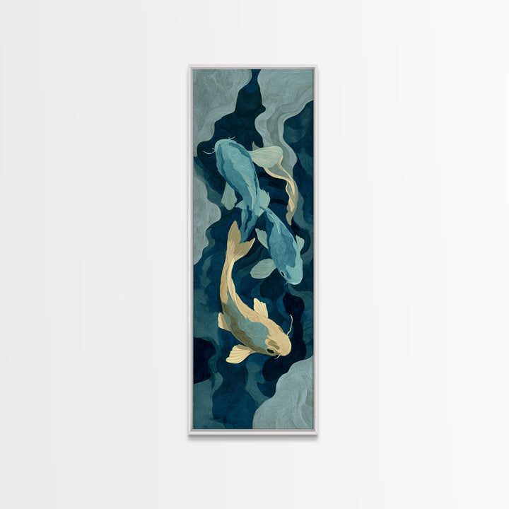 Teal Koi Fish on Tonal Water Framed Canvas Print, Monochrome Art, Neutral Decor, Living Room Decor, Fine Art, Mono, Home Decor, MON-1x3-29