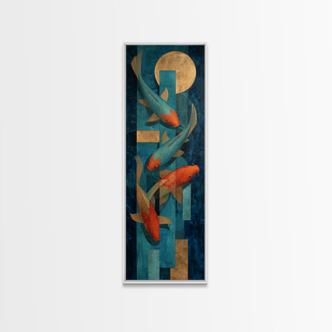 Teal Koi Fish on Tonal Water Framed Canvas Print, Monochrome Art, Neutral Decor, Living Room Decor, Fine Art, Mono, Home Decor, MON-1x3-53
