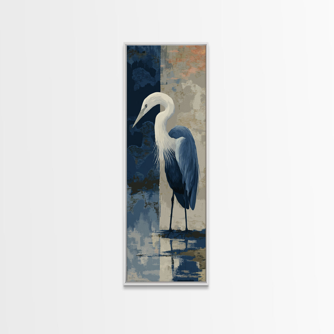 Blue Heron in Monochrome Navy Palette Framed Canvas Print, Monochrome Art, Apartment Decor, Living Room Decor, Fine Art, Mono, MON-1x3-92