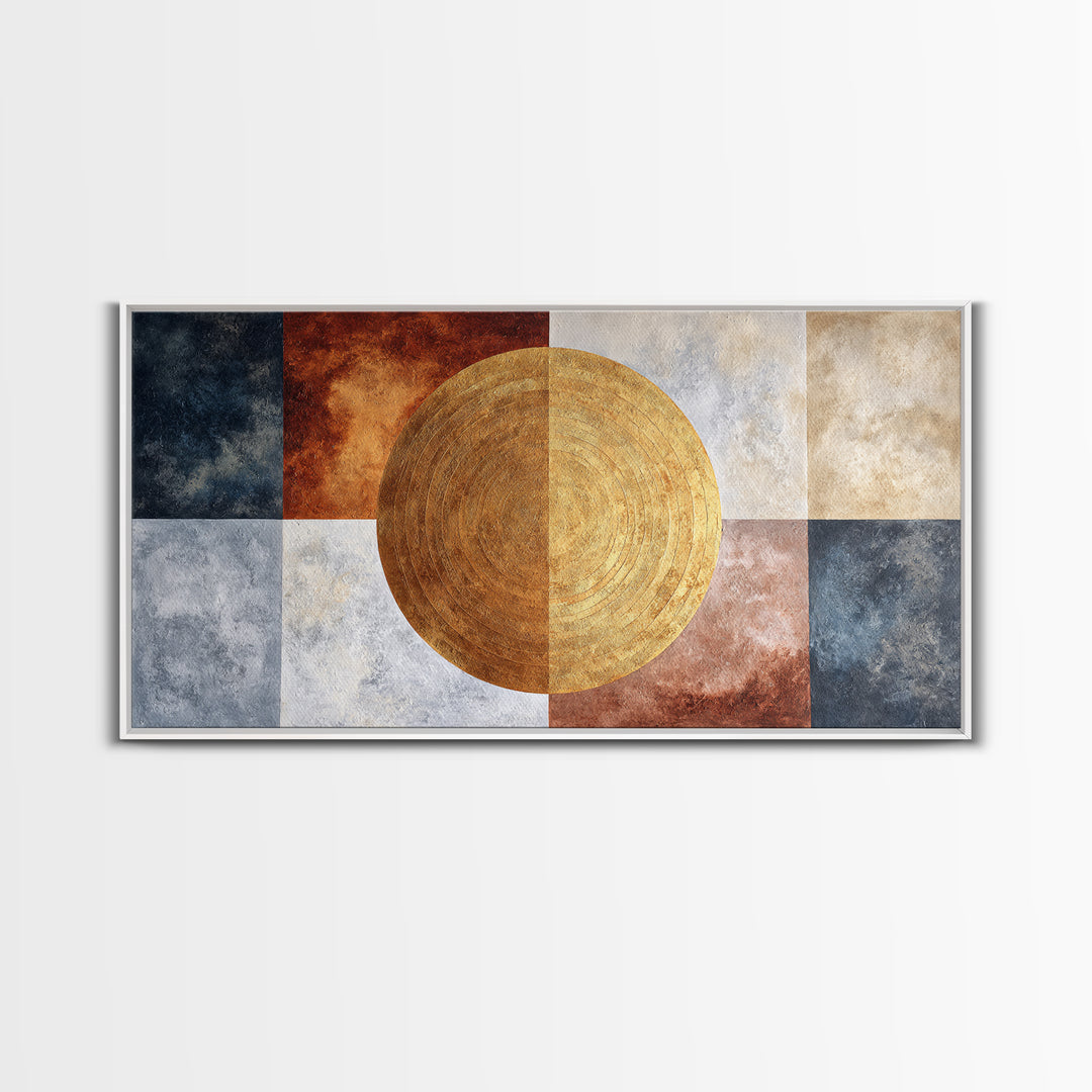 Gold Tonal Sunburst Medallion Framed Canvas Print, Monochrome Art, Luxury Decor, Living Room Decor, Fine Art, Mono, MON-2x1-10