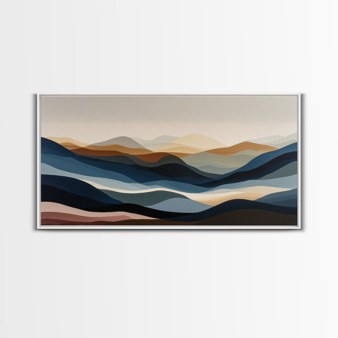 Blue Mountain Ridge Layers Framed Canvas Print, Monochrome Art, Fine Art Print, Living Room Decor, Watercolor Art, Mono, MON-2x1-20