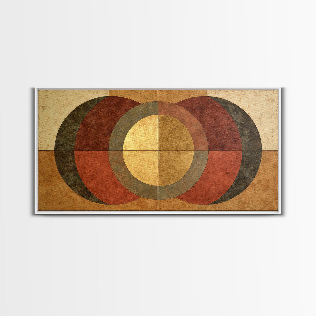 Gold Tonal Sunburst Medallion Framed Canvas Print, Monochrome Art, Luxury Decor, Living Room Decor, Fine Art, Mono, MON-2x1-34