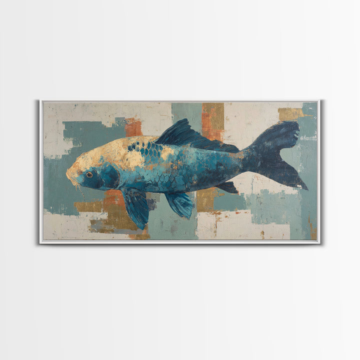 Teal Koi Fish on Tonal Water Framed Canvas Print, Monochrome Art, Minimalist Decor, Living Room Decor, Fine Art, Mono, MON-2x1-37