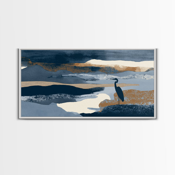 Blue Heron in Monochrome Navy Palette Canvas Print, Monochrome Art, Boho Decor, Living Room Decor, Fine Art, Mono, Art Print, MON-2x1-4