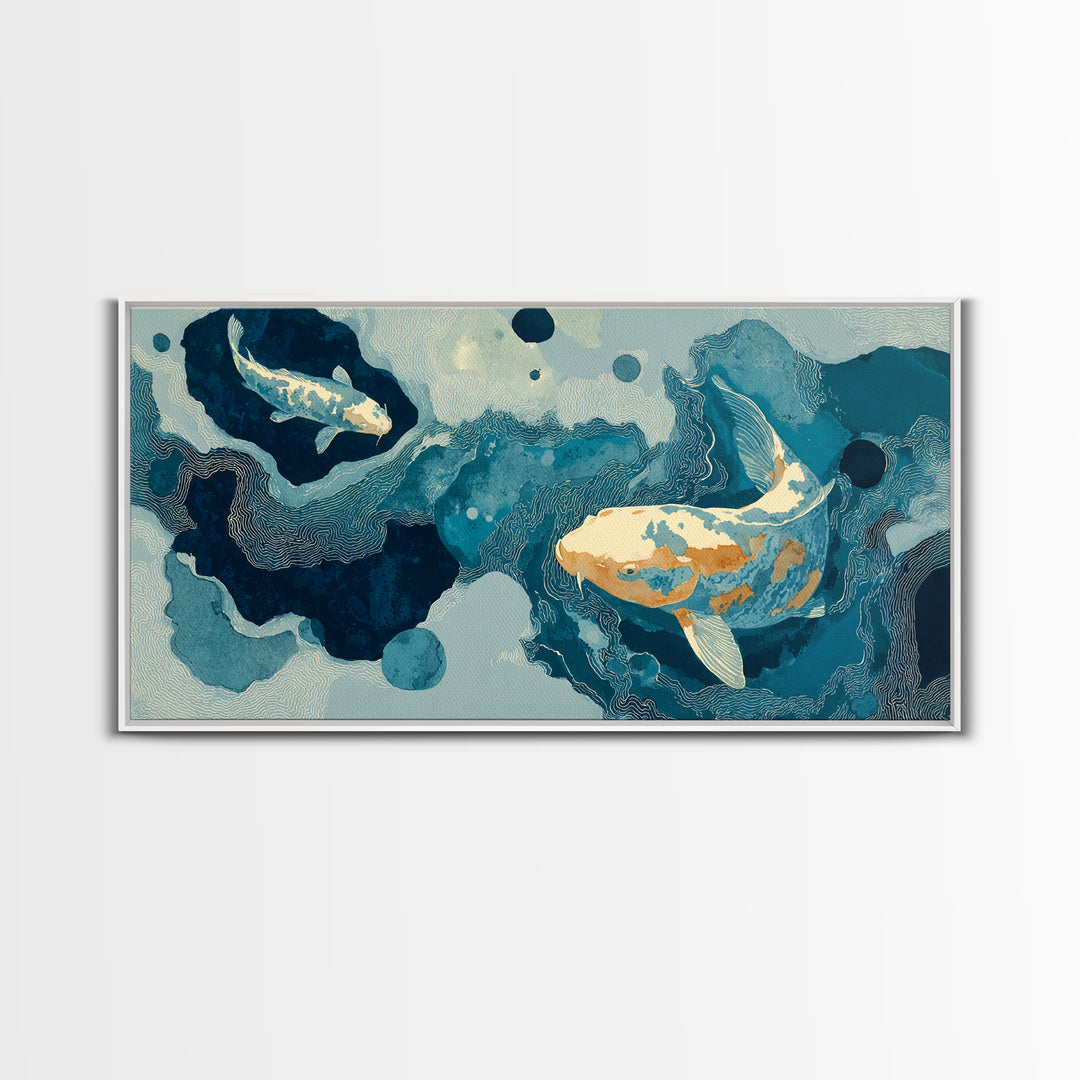 Teal Koi Fish on Tonal Water Framed Canvas Print, Monochrome Art, Digital Wall Art, Living Room Decor, Fine Art, Mono, MON-2x1-85