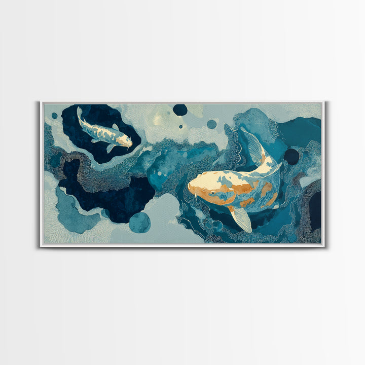 Teal Koi Fish on Tonal Water Framed Canvas Print, Monochrome Art, Digital Wall Art, Living Room Decor, Fine Art, Mono, MON-2x1-85