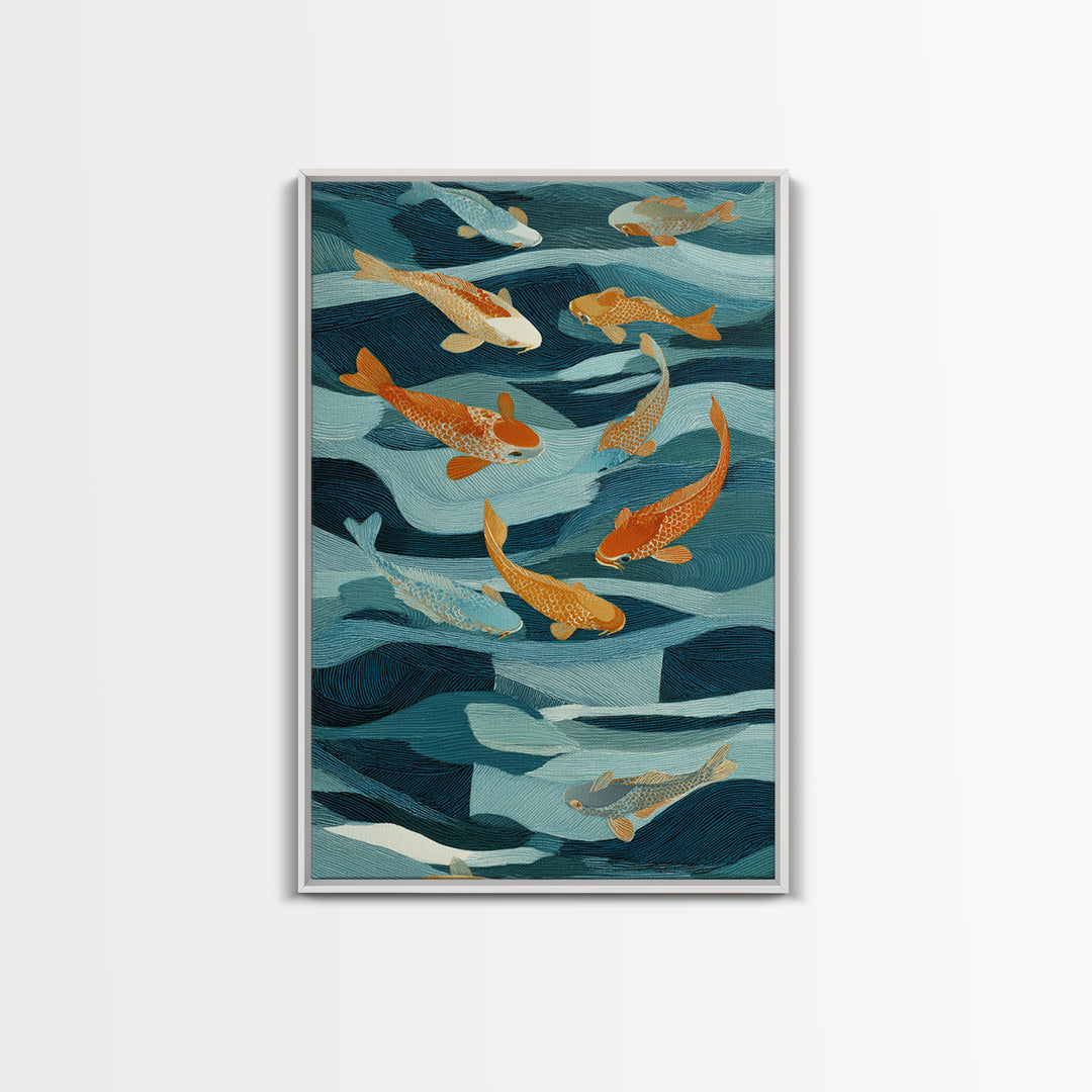 Teal Koi Fish on Tonal Water Framed Canvas Print, Monochrome Art, Wall Art, Living Room Decor, Fine Art, Mono, Abstract Art, MON-2x3-1