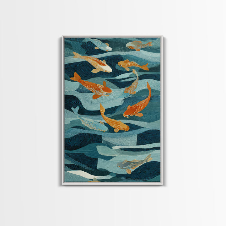 Teal Koi Fish on Tonal Water Framed Canvas Print, Monochrome Art, Wall Art, Living Room Decor, Fine Art, Mono, Abstract Art, MON-2x3-1