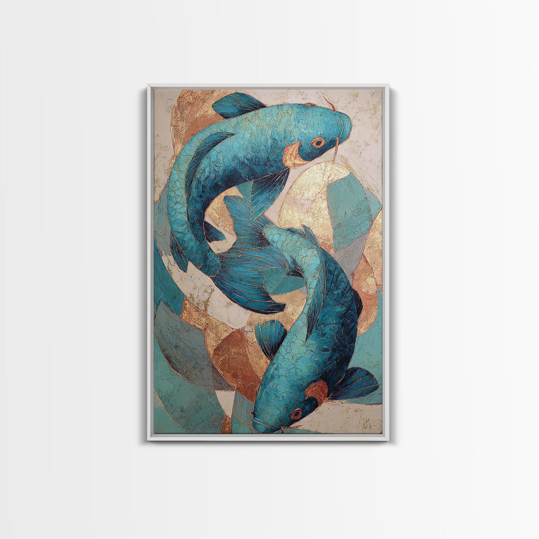 Teal Koi Fish on Tonal Water Framed Canvas Print, Monochrome Art, Wall Art, Living Room Decor, Fine Art, Mono, Abstract Art, MON-2x3-25