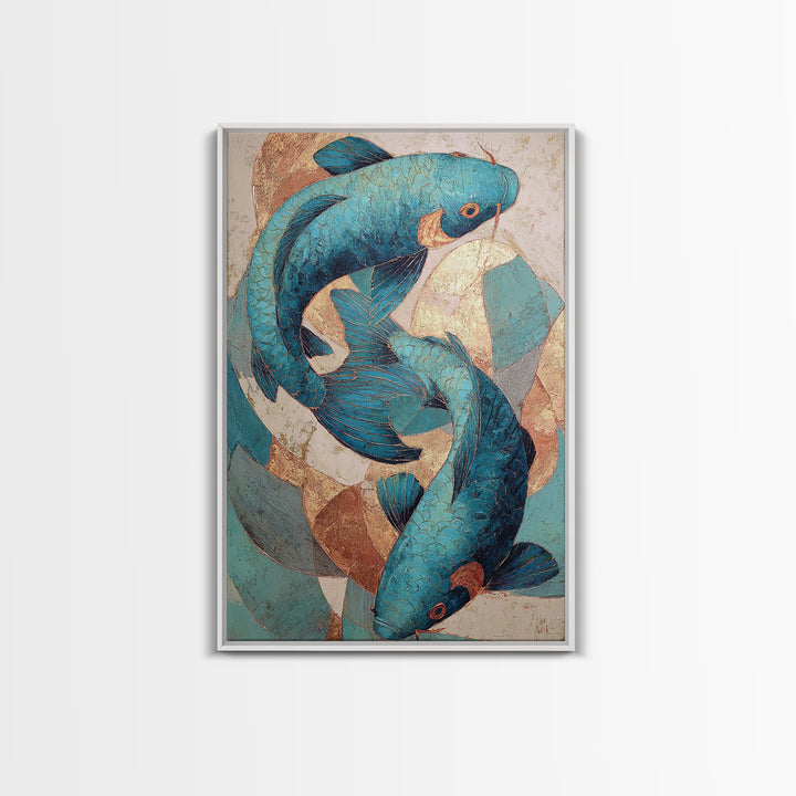 Teal Koi Fish on Tonal Water Framed Canvas Print, Monochrome Art, Wall Art, Living Room Decor, Fine Art, Mono, Abstract Art, MON-2x3-25