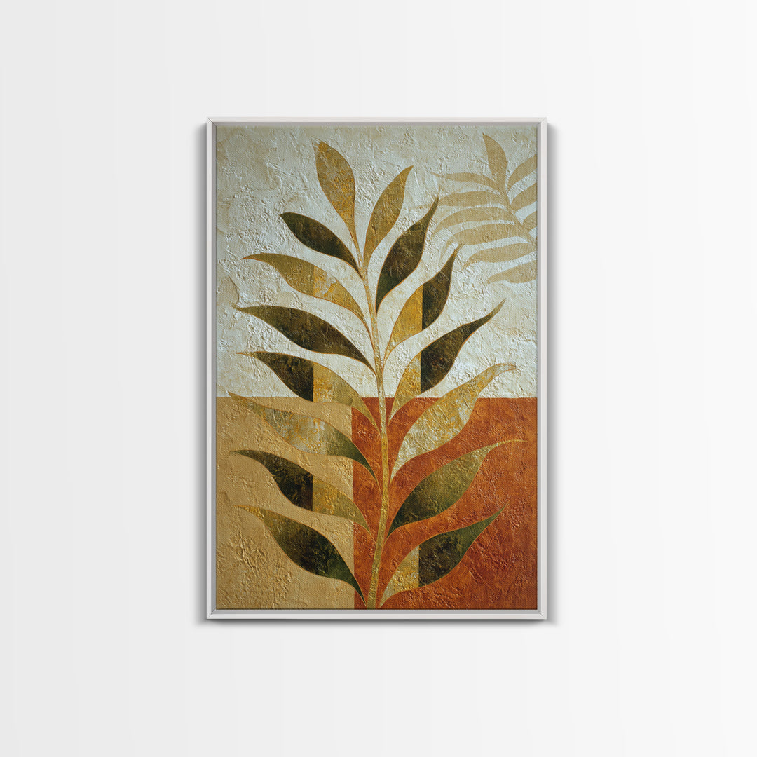 Olive Green Abstract Leaf Pattern Framed Canvas Print, Monochrome Art, Bedroom Decor, Living Room Decor, Oil Painting, Mono, MON-2x3-28