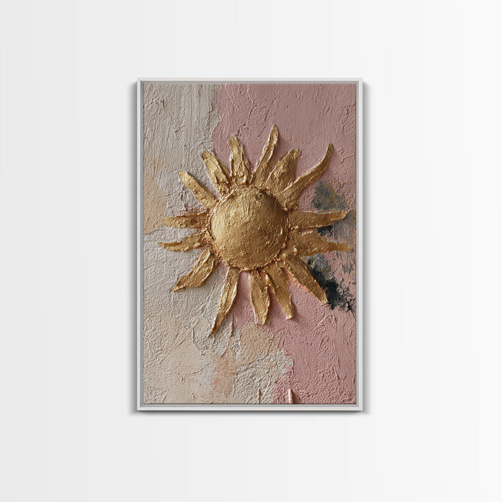Gold Tonal Sunburst Medallion Framed Canvas Print, Monochrome Art, Textured Painting, Living Room Decor, Fine Art, Mono, MON-2x3-46