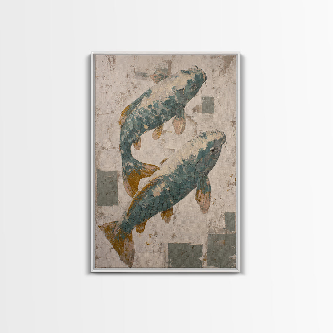 Teal Koi Fish on Tonal Water Canvas Print, Monochrome Art, Digital Art, Living Room Decor, Fine Art, Mono, Dark Academia Decor, MON-2x3-49
