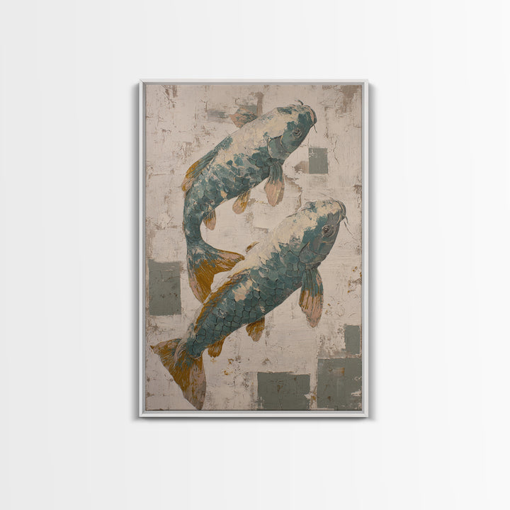 Teal Koi Fish on Tonal Water Canvas Print, Monochrome Art, Digital Art, Living Room Decor, Fine Art, Mono, Dark Academia Decor, MON-2x3-49
