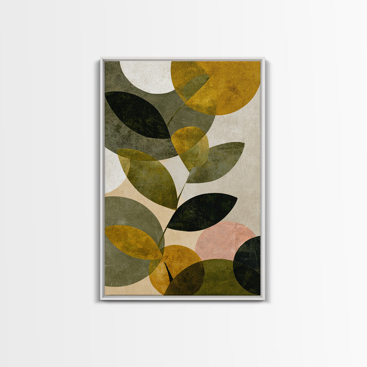 Olive Green Abstract Leaf Pattern Framed Canvas Print, Monochrome Art, Boho Decor, Living Room Decor, Fine Art, Mono, MON-2x3-52